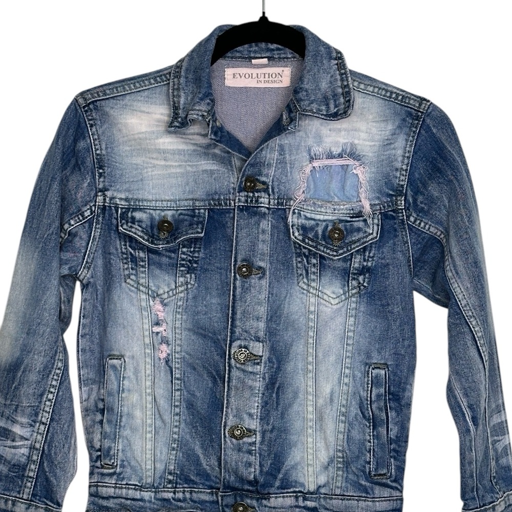 Evolution Distressed Jean Jacket.  Size: Small